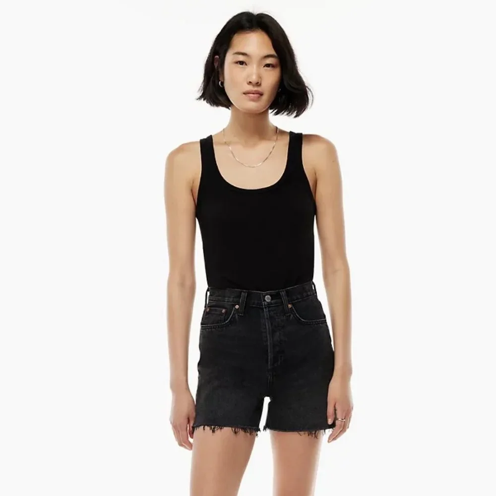 New Aritzia Denim Forum The Yoko Mid Thigh Shorts High-Waisted Long Jean Cut-Off - Picture 4 of 11